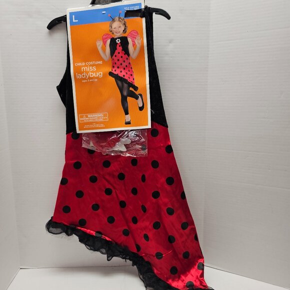 New L Large Miss Ladybug Animal Black Red Polka Dot Girls Dress Wings Costume - Picture 1 of 12